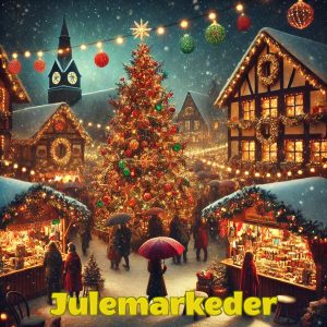 Oplyst juletræ og julemarked fra Julesides eksisterende billedsamling