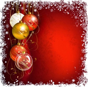 En rød baggrund med julekugler og snefnug, send gratis julekort for at dele julelæde.