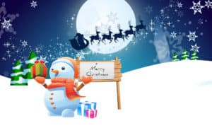 En snemand spreder juleglæde med gaver og et skilt i sneen.