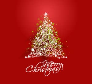Send et gratis julekort fyldt med juleglæde med et glædeligt juletræ på rød baggrund.